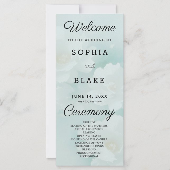 White Floral and Light Green Wedding Program (Front)