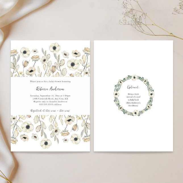 White Floral baby shower + book request Invitation (Creator Uploaded)