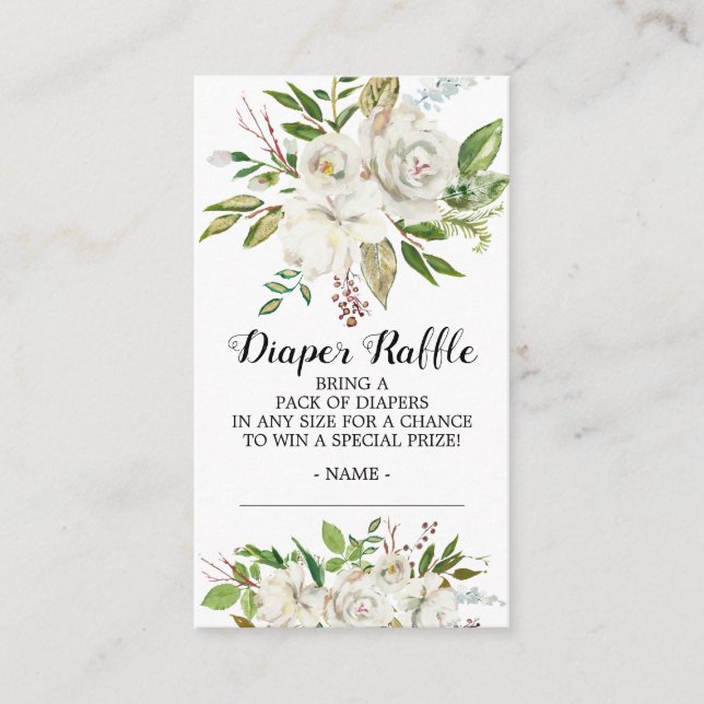 White Floral Baby Shower Diaper Raffle Ticket Enclosure Card (Front)