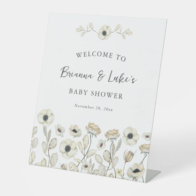 White Floral Baby Shower Welcome Pedestal Sign (Front)