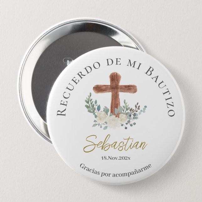 White floral Baptism 4 Inch Round Button (Front & Back)