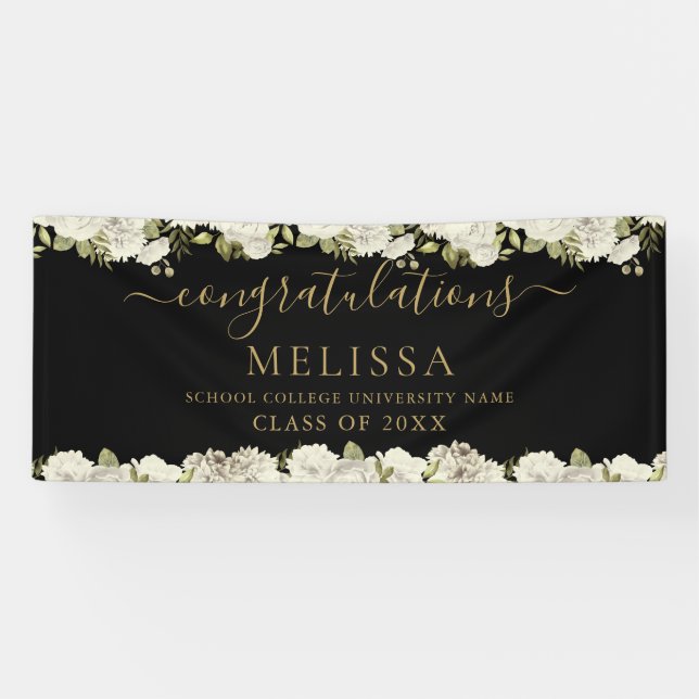 White Floral Black And Gold Script Graduation Banner (Horizontal)