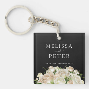 White Floral Black Elegant Minimalist  Wedding Keychain