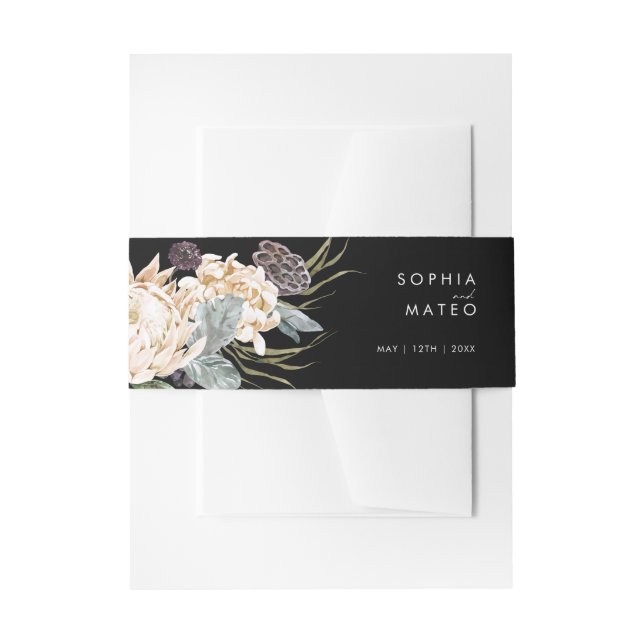 White Floral | Black Invitation Belly Band (Front Example)