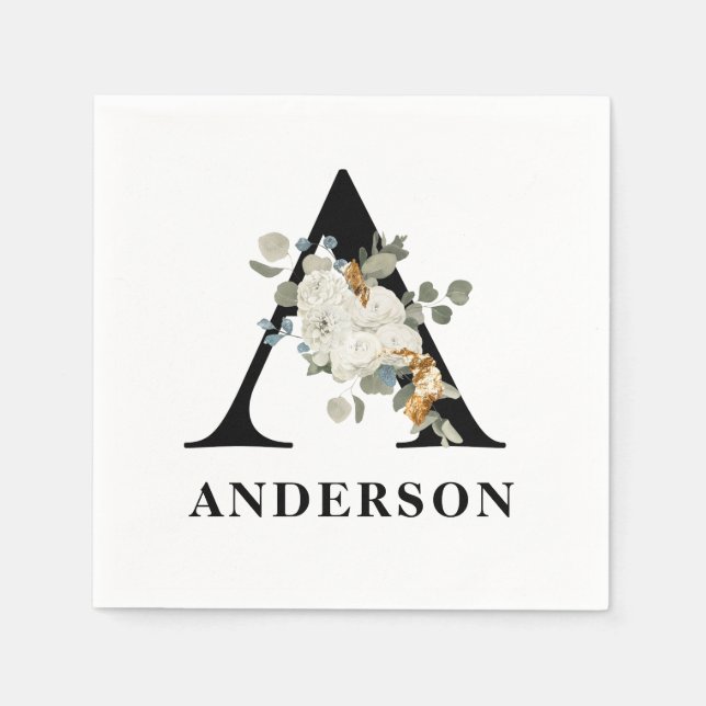 White Floral Black Monogram A Napkin (Front)