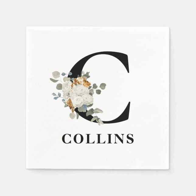 White Floral Black Monogram C Napkin (Front)