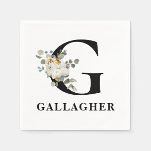 White Floral Black Monogram G Napkin