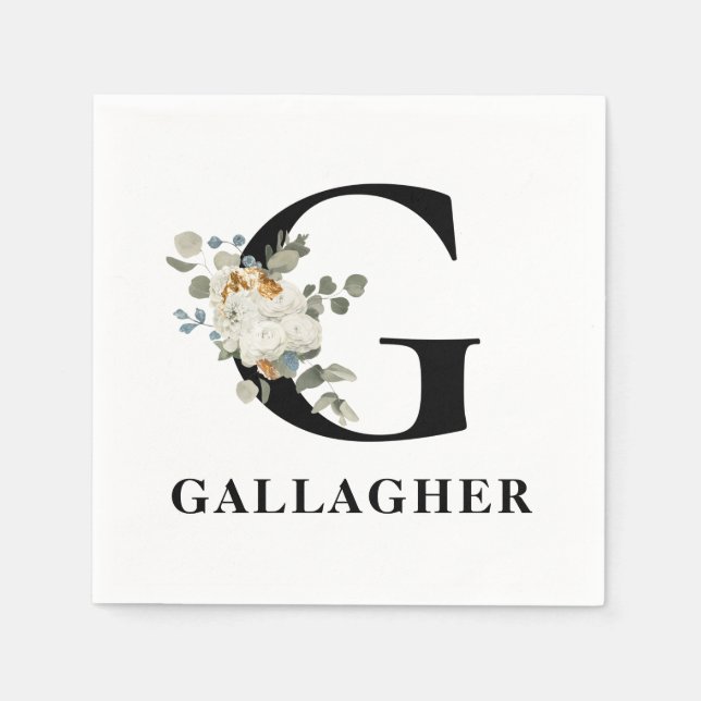 White Floral Black Monogram G Napkin (Front)