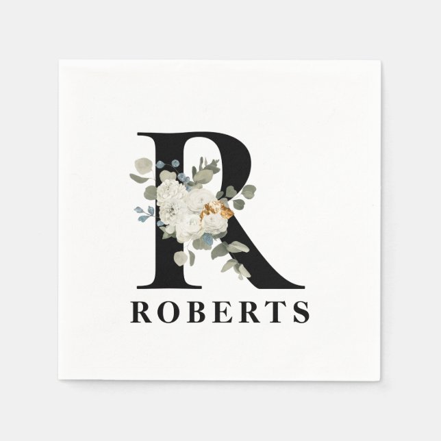 White Floral Black Monogram R Napkin (Front)