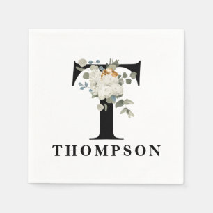 White Floral Black Monogram T Napkin