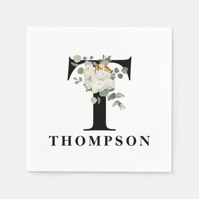 White Floral Black Monogram T Napkin (Front)