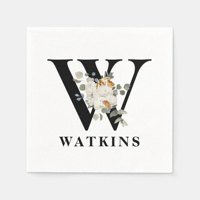 White Floral Black Monogram W Napkin (Front)