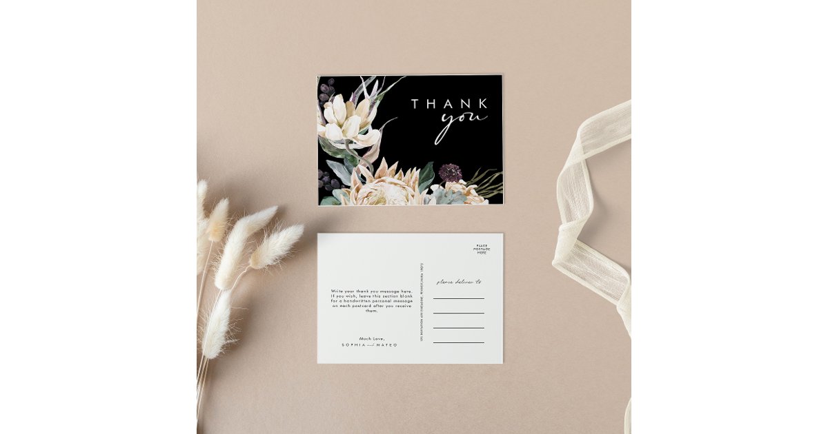 White Floral | Black Wedding Thank You Postcard | Zazzle