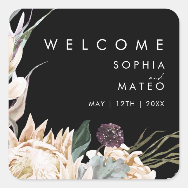 White Floral | Black Wedding Welcome Square Sticker (Front)