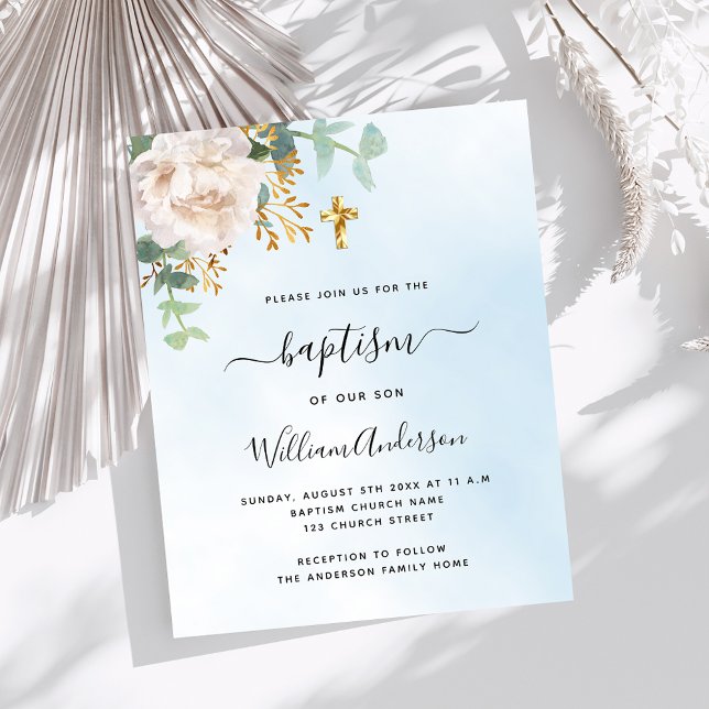 White floral blue boy baptism invitation (Creator Uploaded)