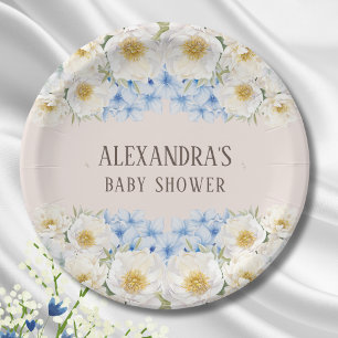 White Floral Blue Hydrangea Garden Baby Shower Paper Plate
