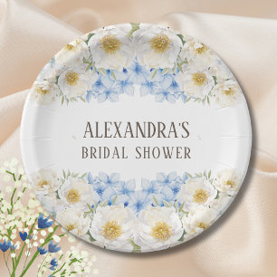 White Floral Blue Hydrangea Garden Bridal Shower Paper Plate