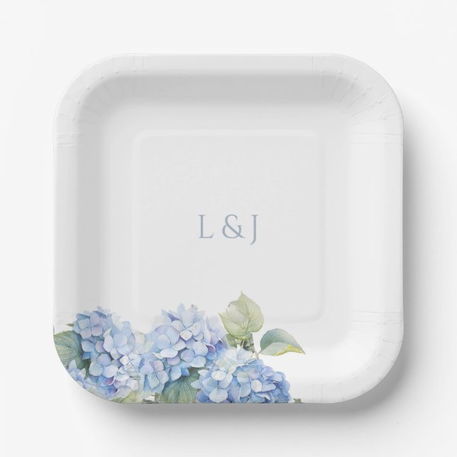 White Floral Blue Hydrangea Initials Wedding  Paper Plate (Front)