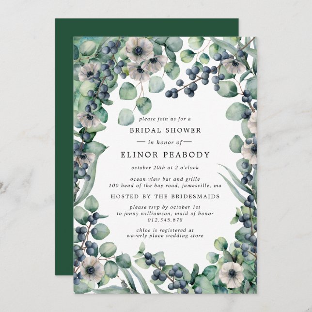 White Floral Boho Botanical Bridal Shower Invitation (Front/Back)