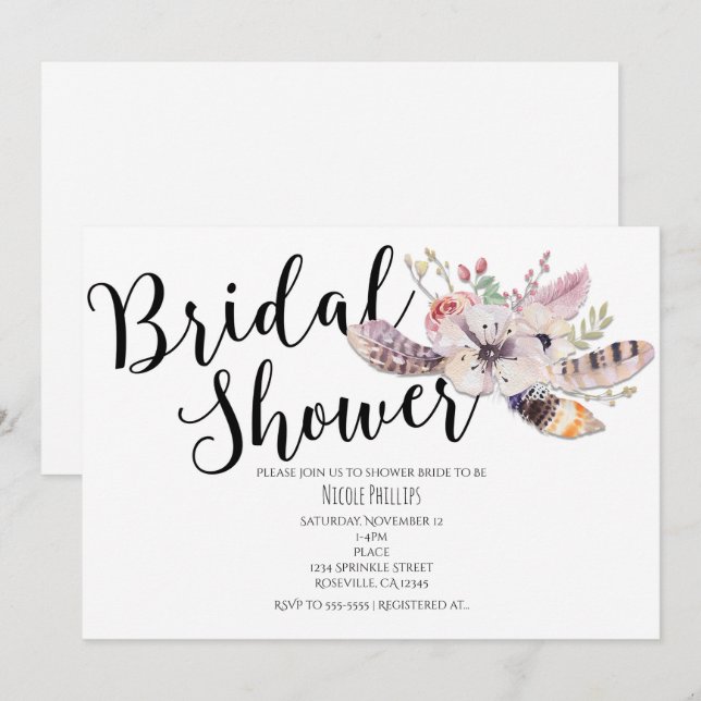 White Floral Boho Chic Bridal Shower Invitations (Front/Back)