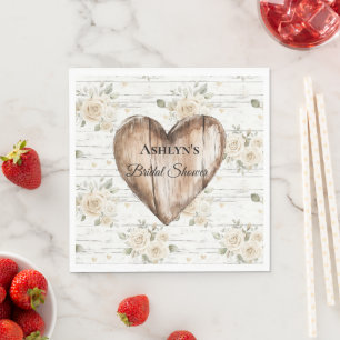 White Floral Boho Faux Wood Heart Bridal Shower Napkin