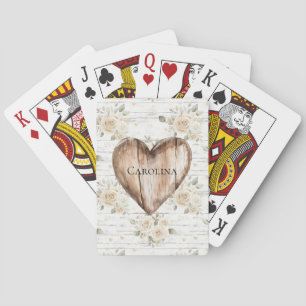 White Floral Boho Faux Wood Heart Playing Cards