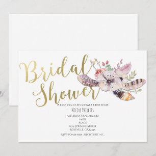 White Floral Boho Gold Bridal Shower Invitations