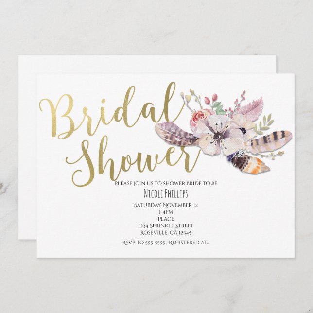 White Floral Boho Gold Bridal Shower Invitations (Front/Back)