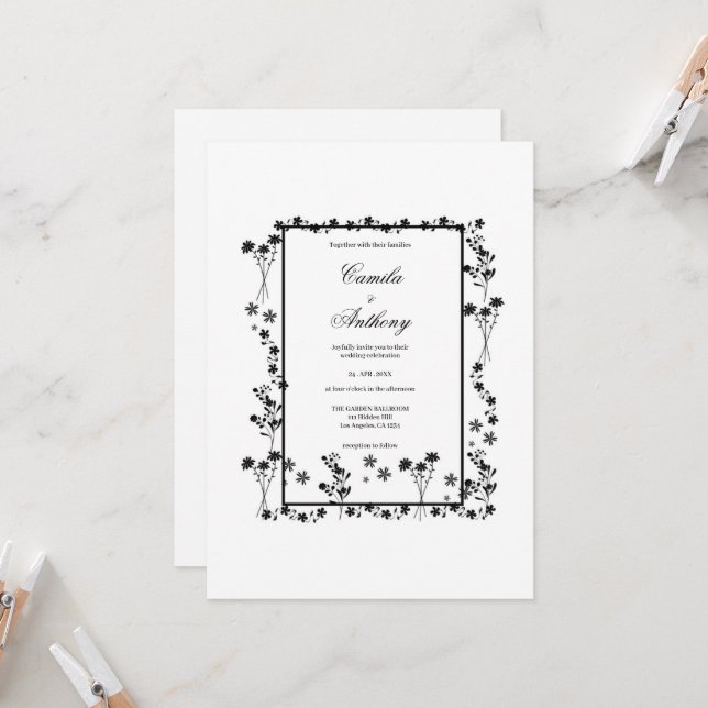 White Floral Border Wedding Invitation (Front/Back In Situ)