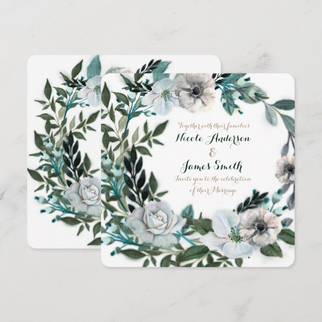 White Floral Botanical Greenery Wreath Wedding Invitation (Front/Back)