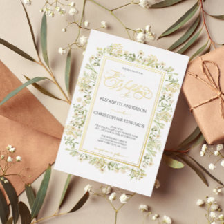 White Floral Botanical Wildflowers Wedding Gold