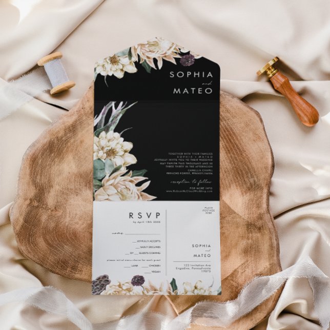 White Floral Bouquet | Black Seal And Send All In One Invitation (Creator Uploaded)