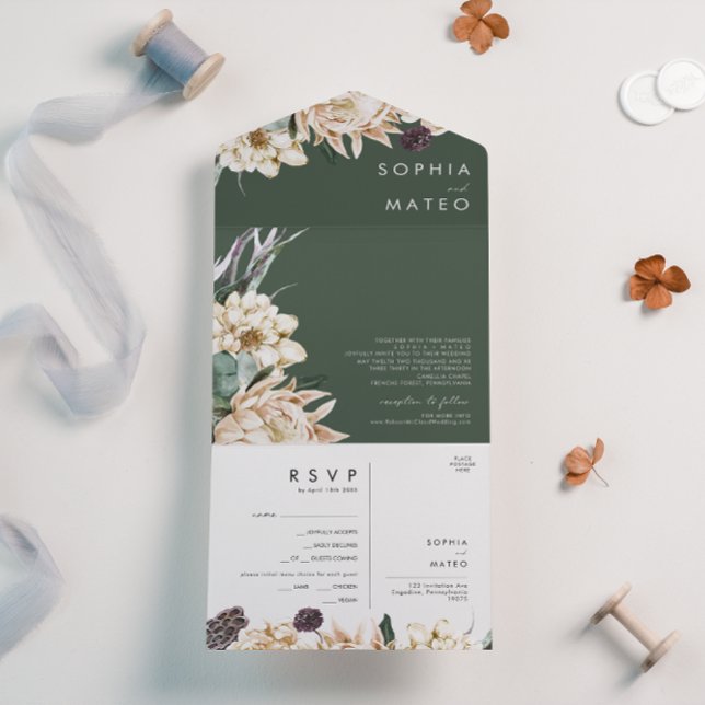 White Floral Bouquet | Dark Green Seal And Send All In One Invitation (Creator Uploaded)