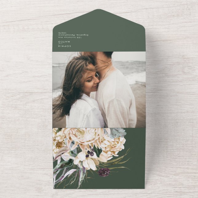 White Floral Bouquet Green Photo Seal And Send All In One Invitation (Outside)