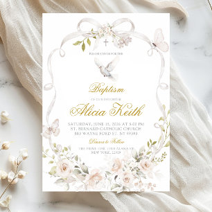 White Floral Bow Coquette Dove Baptism Invitation