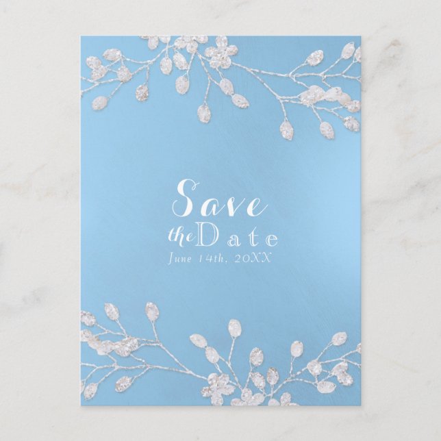 White Floral Branch Blue Save the Date Invitations (Front)