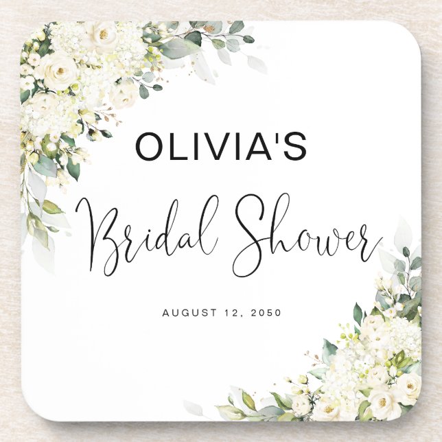 White Floral Bridal Shower Coaster (Front)