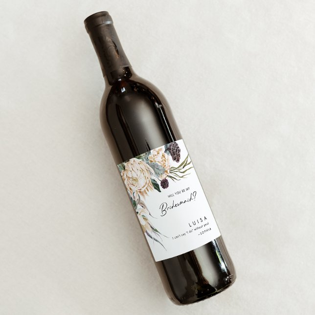 White Floral Bridesmaid Proposal Wine Label (Creator Uploaded)