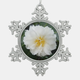 White Floral Camellia Snowflake Pewter Christmas Ornament