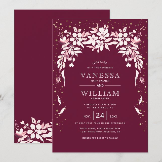 White floral cascading garland burgundy wedding invitation (Front/Back)
