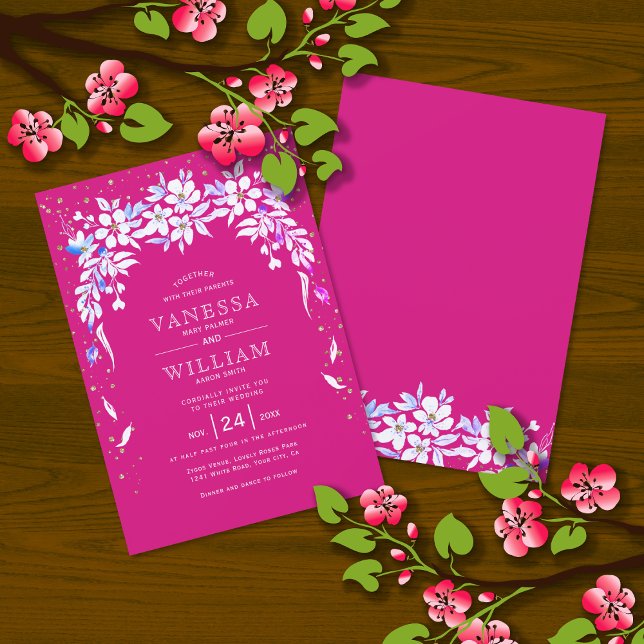 White floral cascading garland magenta wedding invitation (Creator Uploaded)