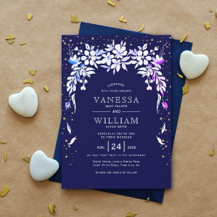 White floral cascading garland navy blue wedding   invitation