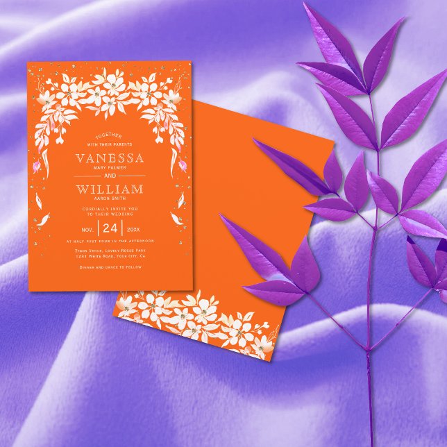 White floral cascading garland orange wedding invitation (Creator Uploaded)