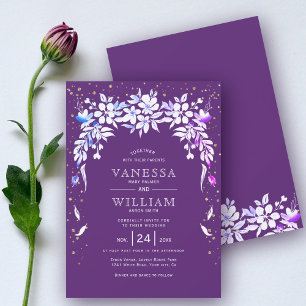 White floral cascading garland purple wedding  invitation