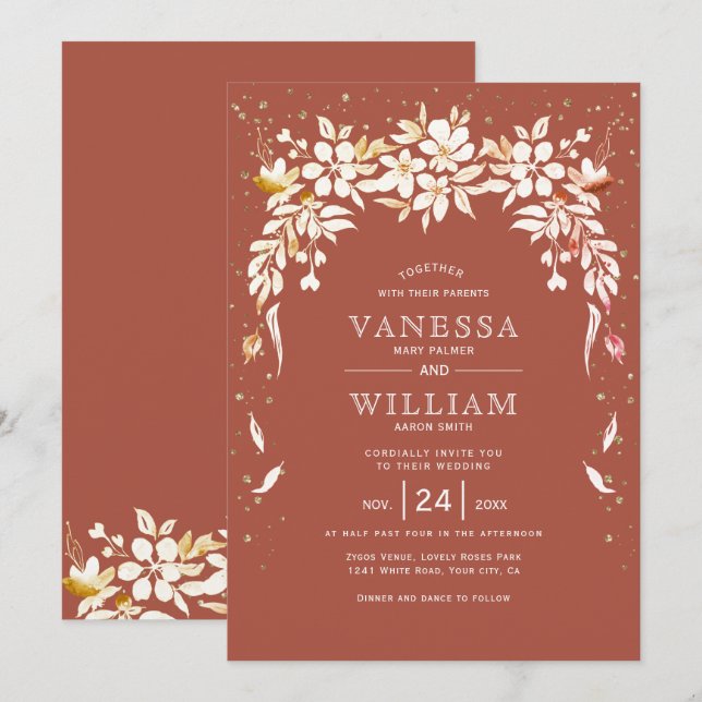 White floral cascading garland terracotta wedding invitation (Front/Back)