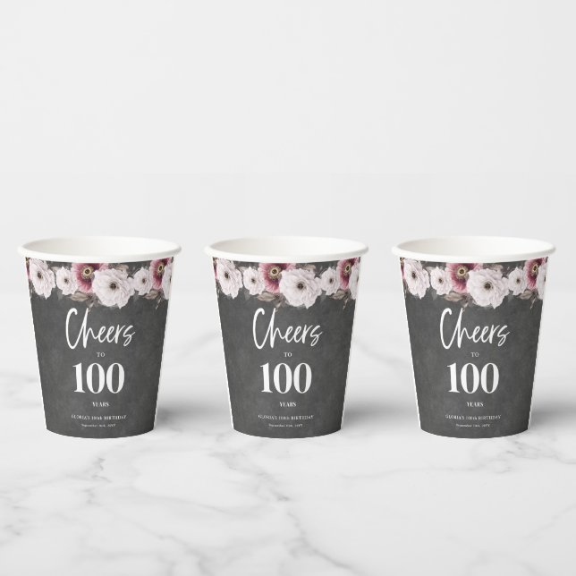 White Floral Chalkboard Cheers to 100th Birthday  Paper Cups (Multi)