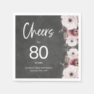 White Floral Chalkboard Cheers to 80th Birthday  Napkin