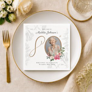 White Floral Classy Custom 80th Birthday Party Napkin