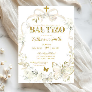 White Floral Coquette Butterfly Spanish Baptism Invitation