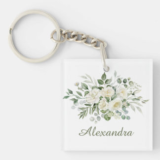 White Floral Custom Bridesmaid Favour Keychain